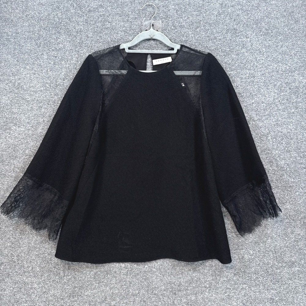Sandro Paris Blouse Womens 3 Black Lace Shoulder Trim Wide Sleeve Crepe Top